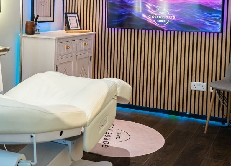Elegant spa room at The Gorgeous Clinic in Blackpool, England, GB with modern decor and comfortable treatment chair.
