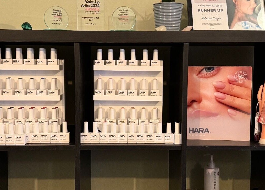 Nail polish display at Gallery of Wellbeing, Hereford, England, GB, featuring HARA nail products.