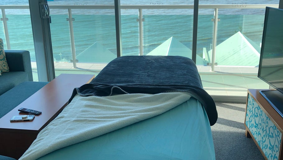 Massage bed with ocean view at Mandurah Mobile Massage Therapy in Mandurah, Western Australia, AU.
