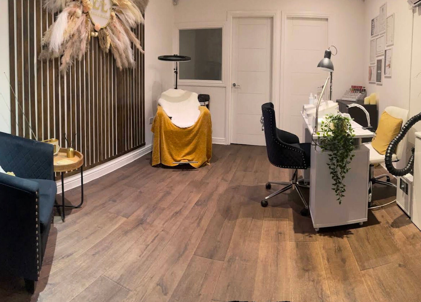 Cozy interior of Lisa Lomas Nails and Beauty, Blackpool, England, GB, with elegant decor and a nail station.