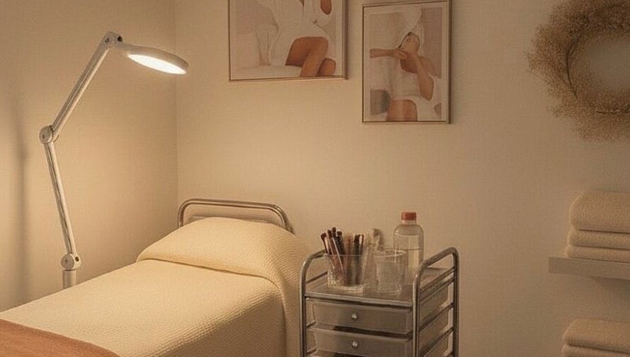 Serene spa room at Club Love Yourself, London, England, GB, featuring a cozy bed and soft lighting.