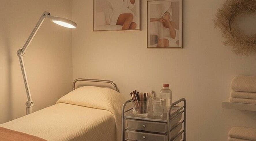 Serene spa room at Club Love Yourself, London, England, GB, featuring a cozy bed and soft lighting.