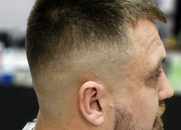 Close-up of a fresh fade haircut at Allens Barbers & Co in Southampton, England, GB.