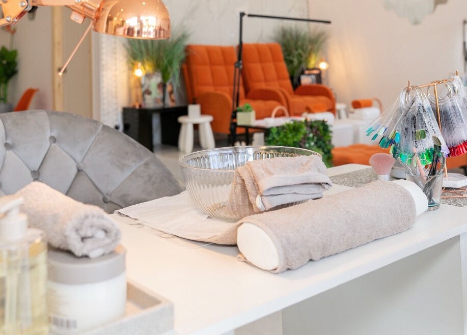 Elegant beauty station at Gorgeous, Wolverhampton, England, GB, featuring tools and plush seating.