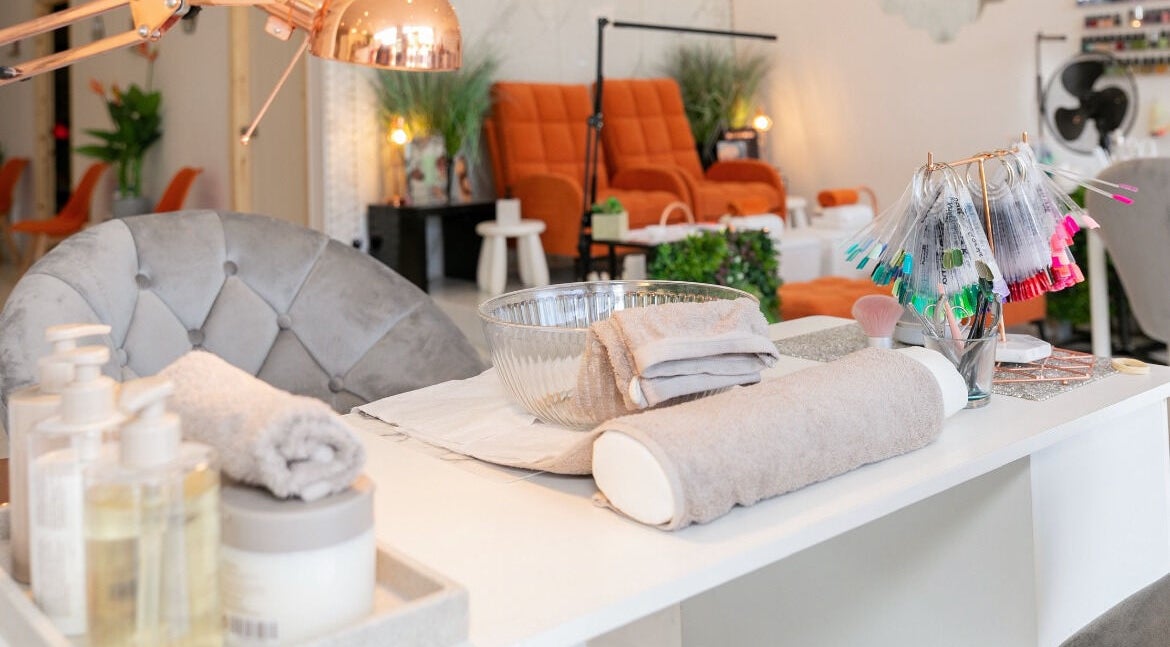 Elegant beauty station at Gorgeous, Wolverhampton, England, GB, featuring tools and plush seating.