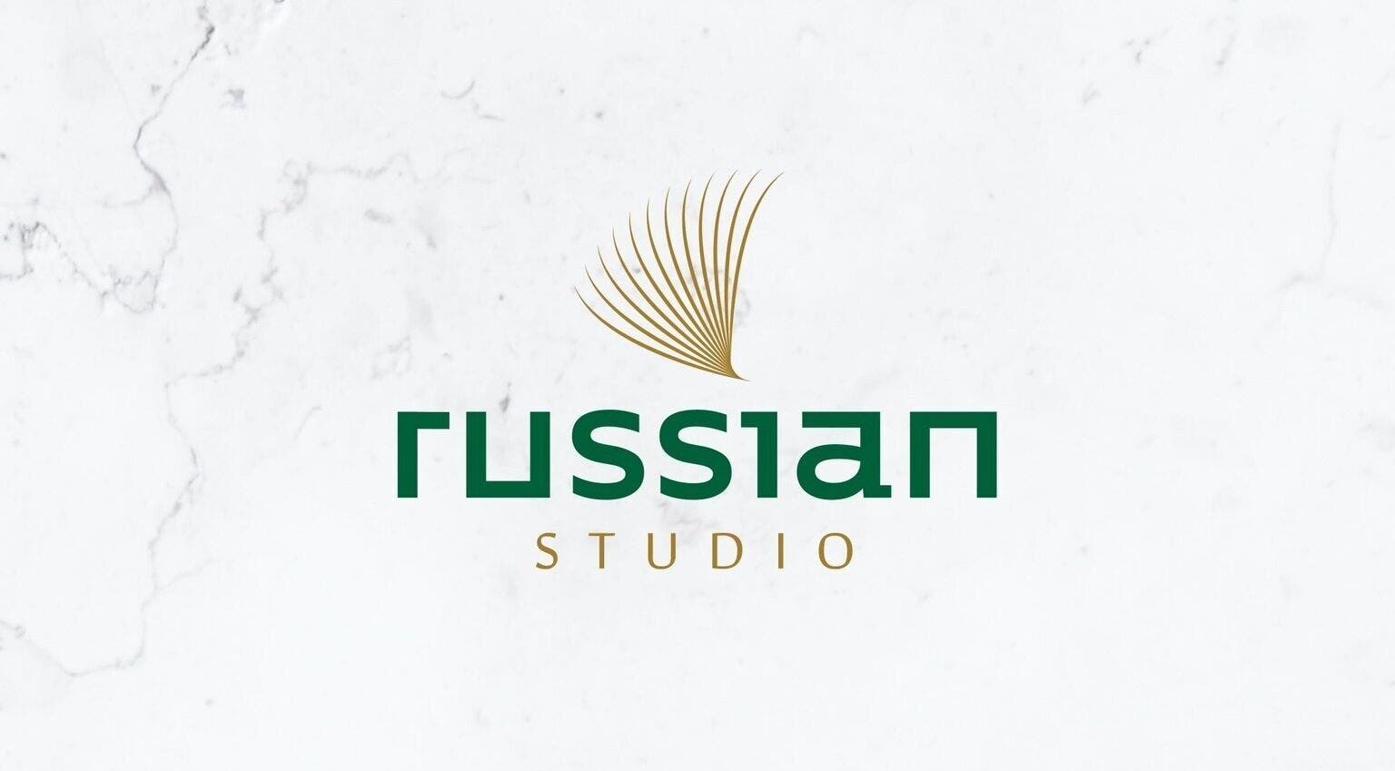 Russian Studio logo on marble backdrop, Giza Governorate, EG.