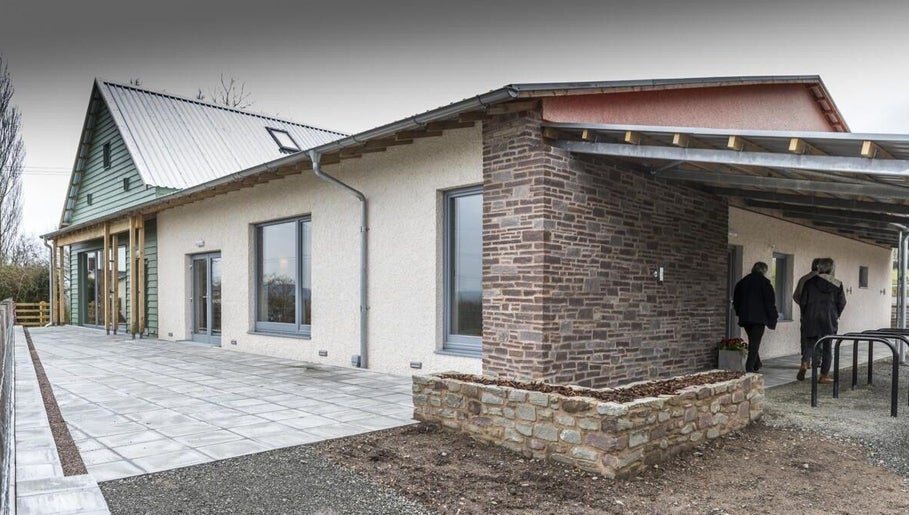 Exterior of Sharon Evans soft tissue therapy in Hereford, GB showing modern architecture.