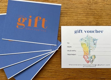 Gift vouchers for Sharon Evans soft tissue therapy in Hereford, GB, creatively displayed.