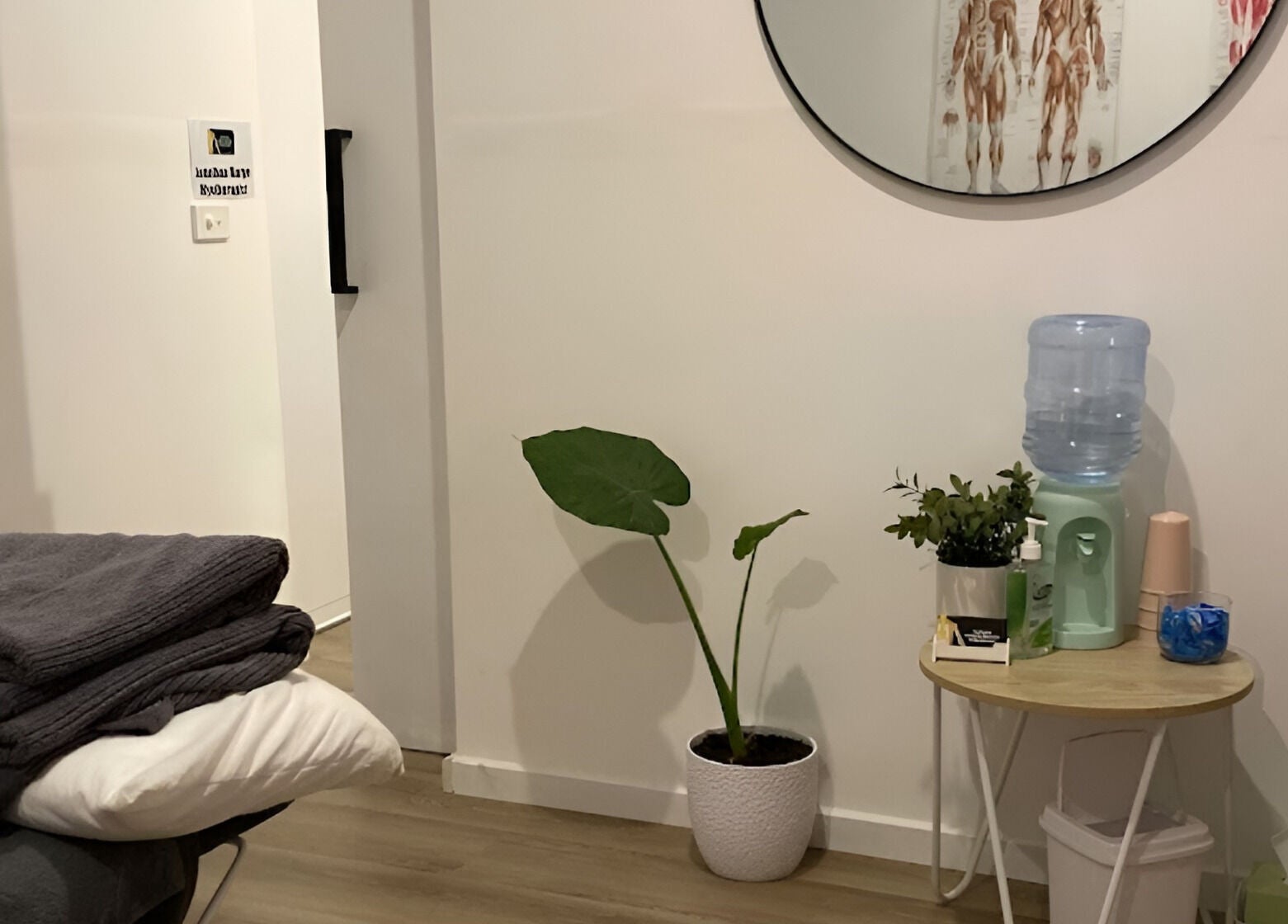 Inviting massage room at Surfcoast Remedial Massage & Myotherapy Torquay, Victoria, AU, featuring plants and a mirror.