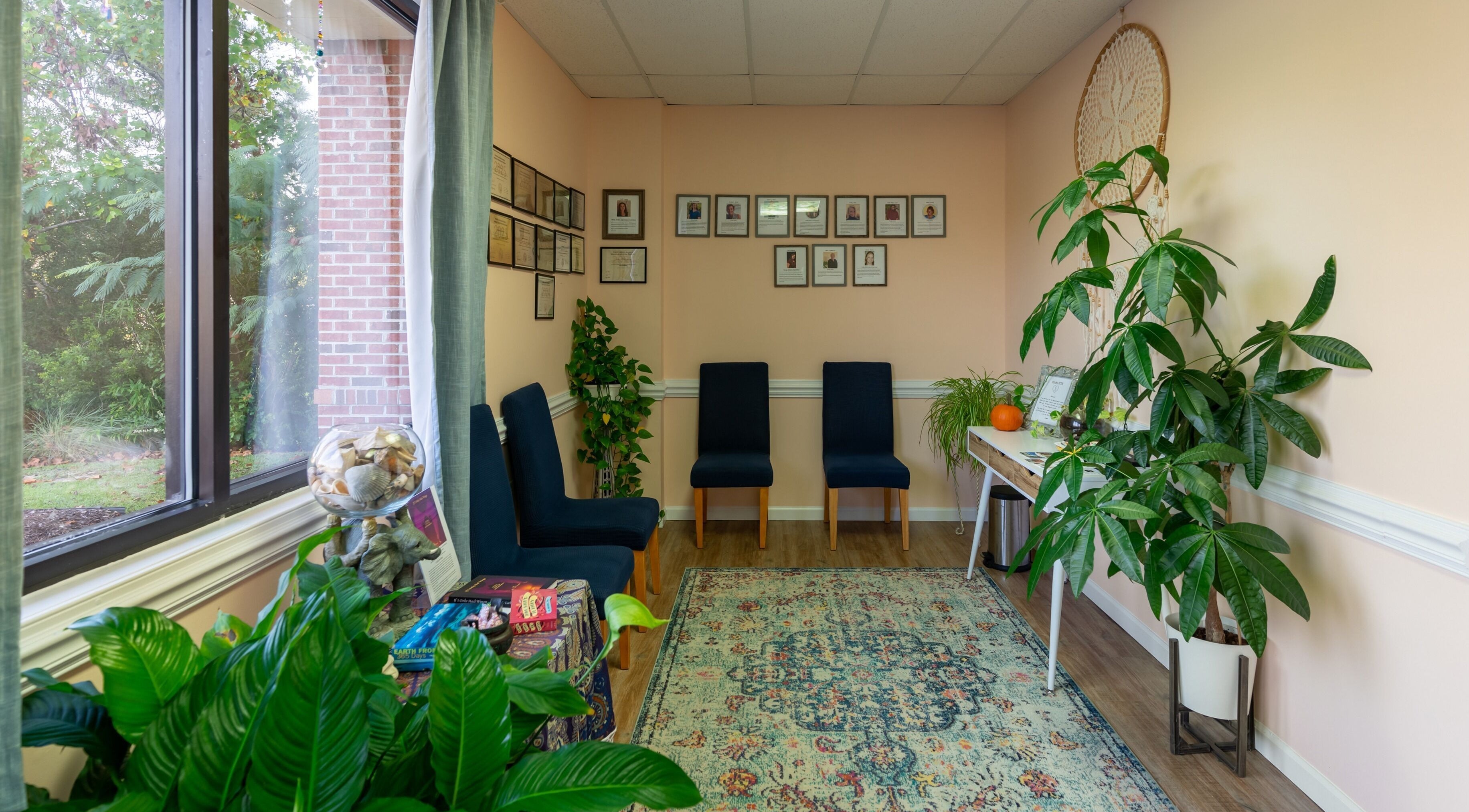 Inviting waiting area at Healing Hippie in Hampstead, North Carolina, US with cozy seating and indoor plants.