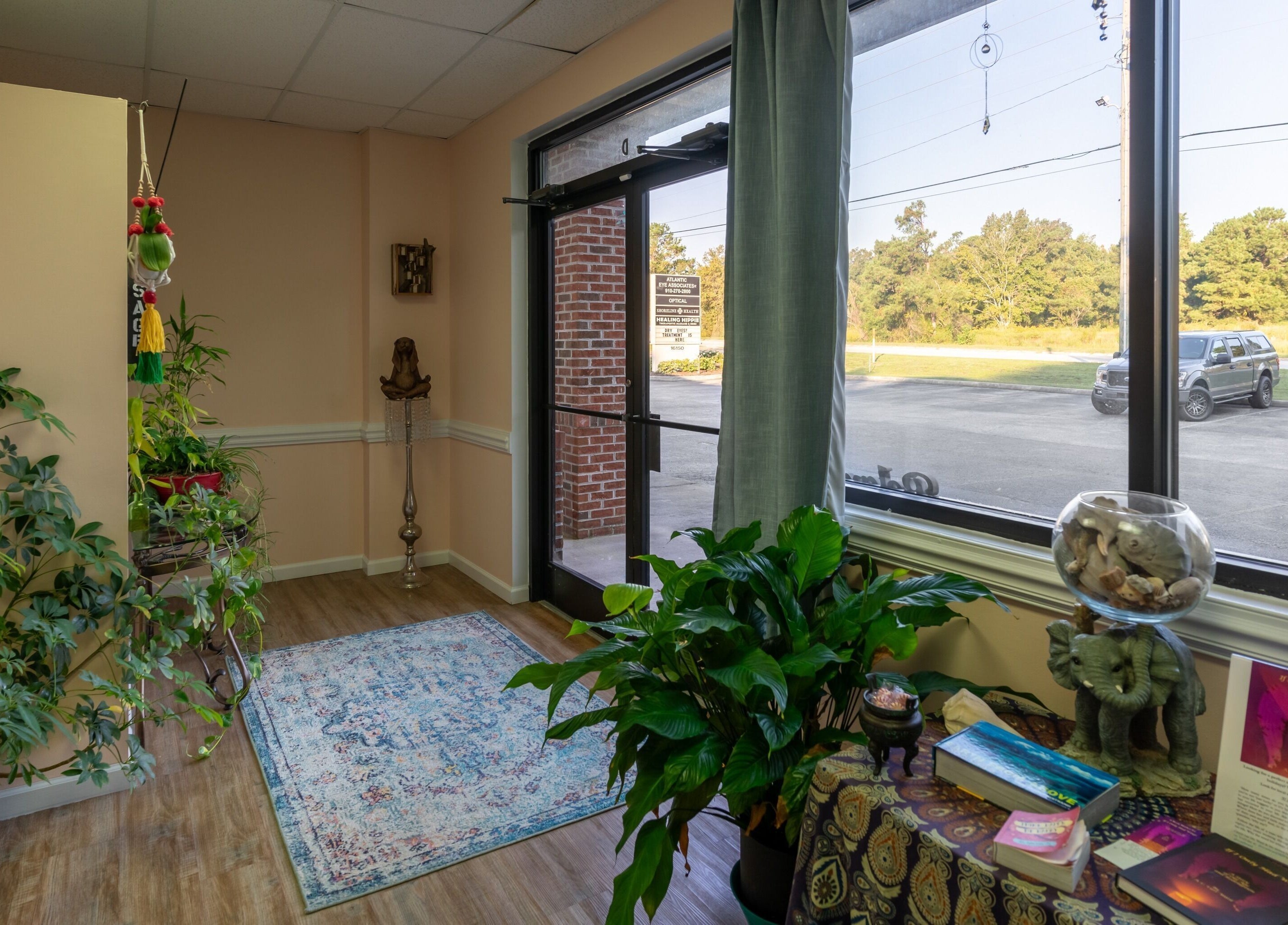 Inviting entryway of Healing Hippie in Hampstead, North Carolina, US, with plants and natural light.