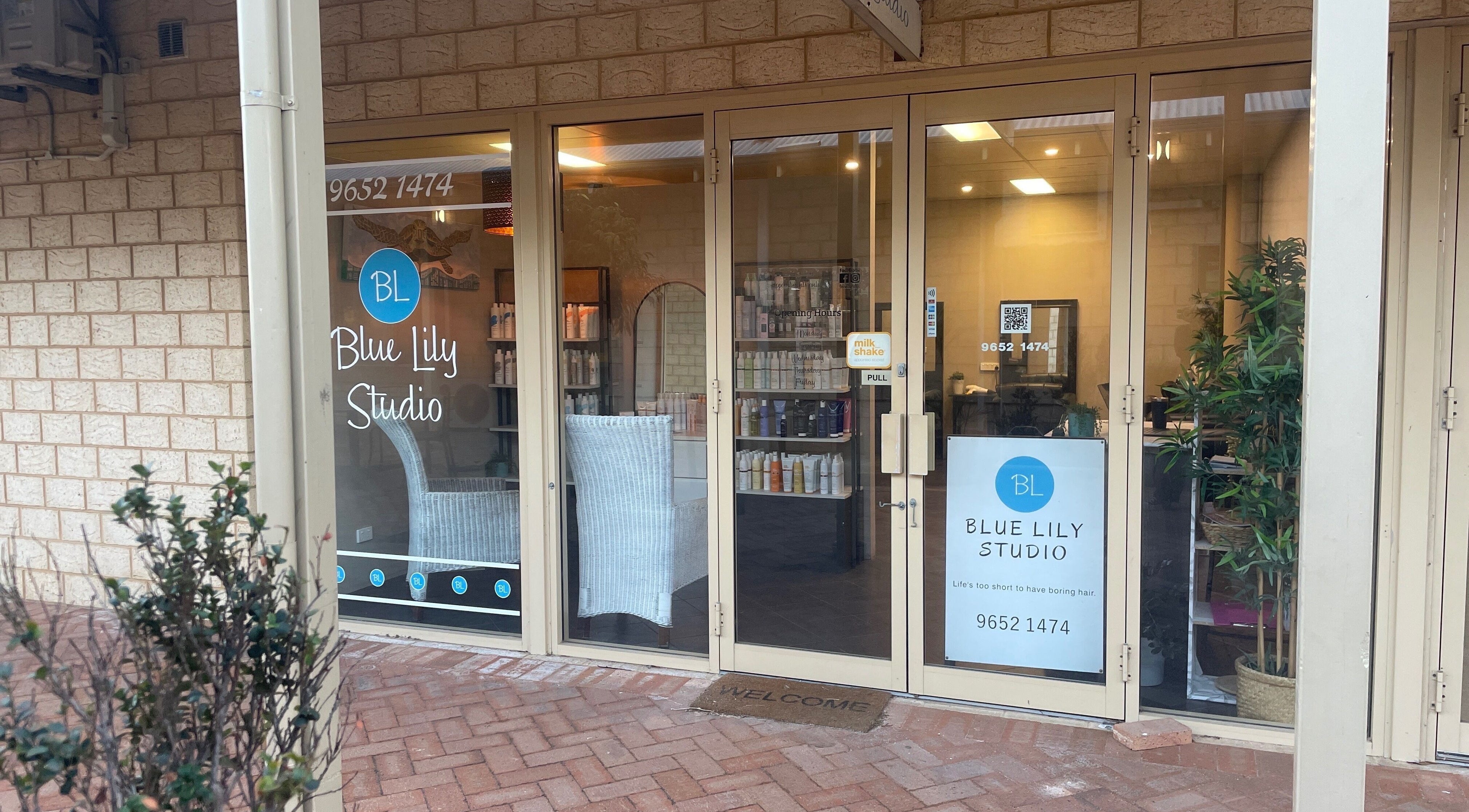 Entrance of Blue Lily Studio in Jurien Bay, Western Australia, showcasing inviting decor and signage.
