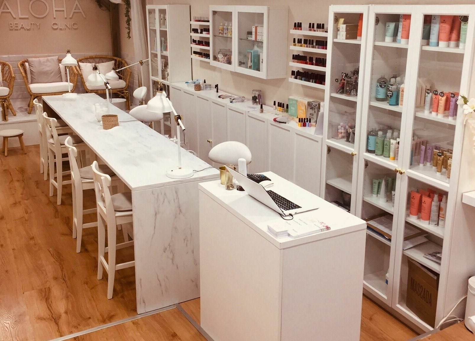 Aloha Beauty Clinic Poblenou interior with white decor and beauty products in Barcelona, Catalunya, ES.
