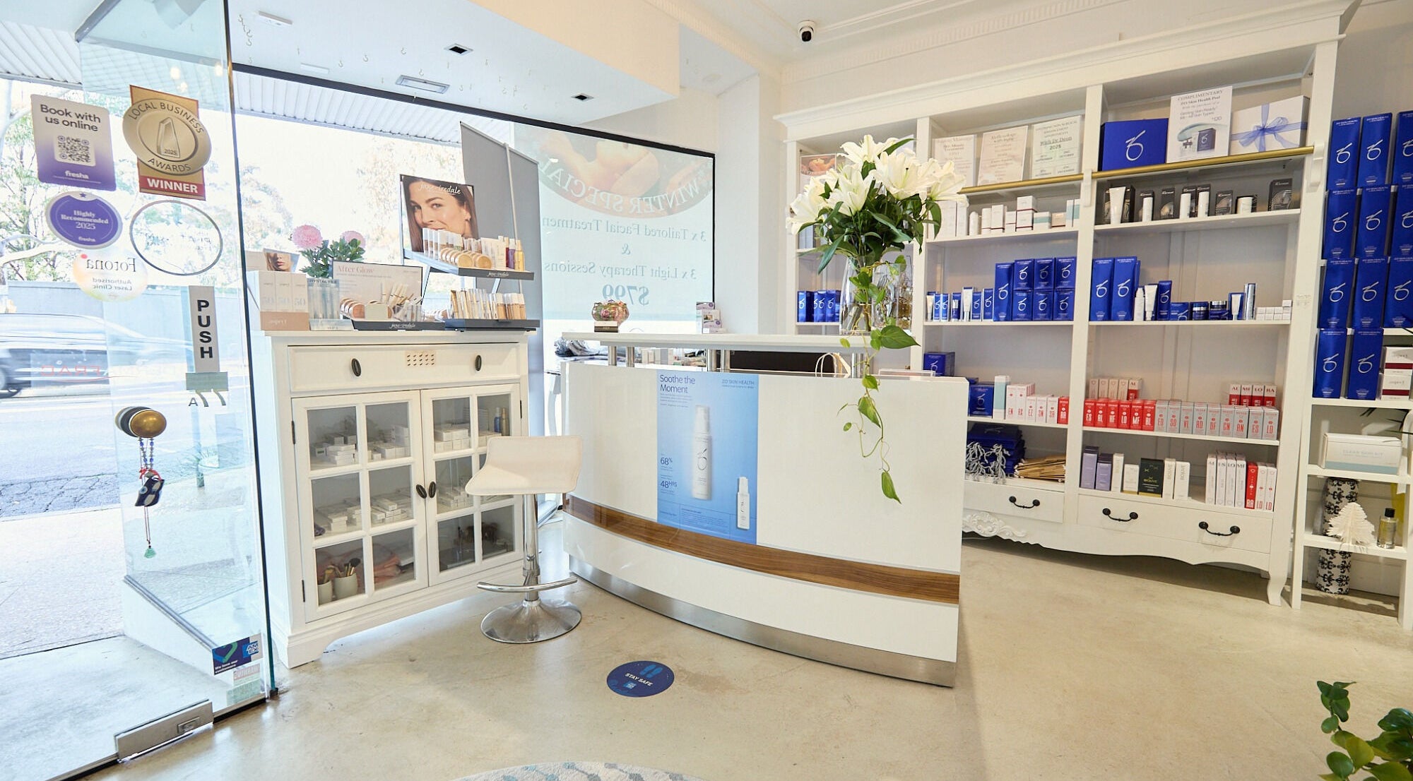 Reception area at Yours Beautifully Laser Skin Beauty, Castlecrag, New South Wales, AU with elegant decor.