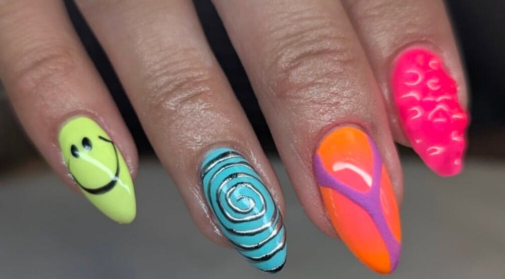 Colorful nail designs showcase at Studio LAM, Peterborough, England, GB.