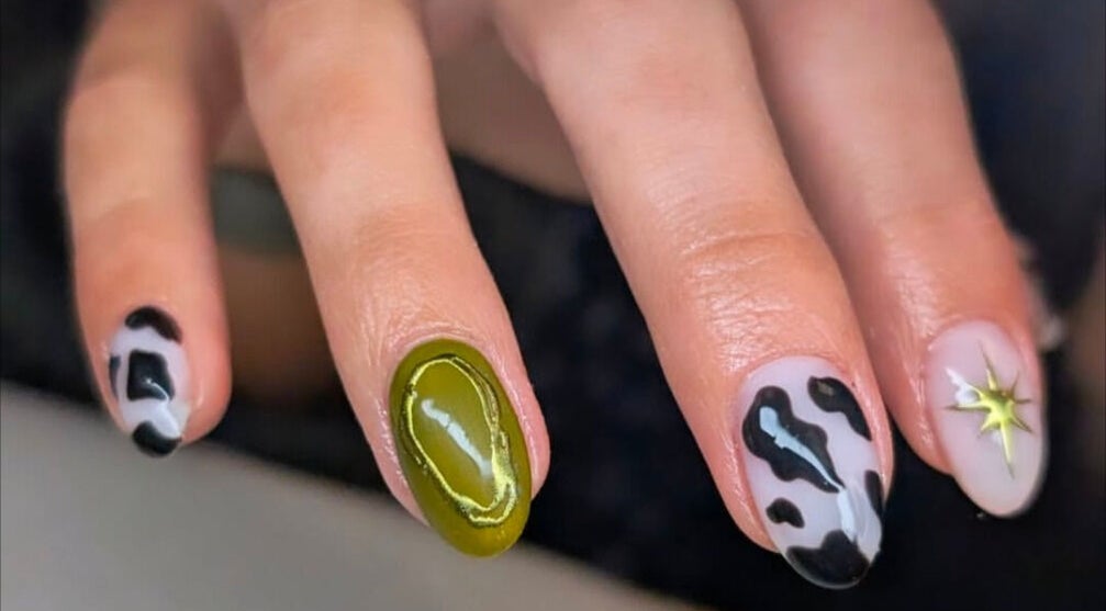 Intricate nail art design at Studio LAM in Peterborough, England, GB.