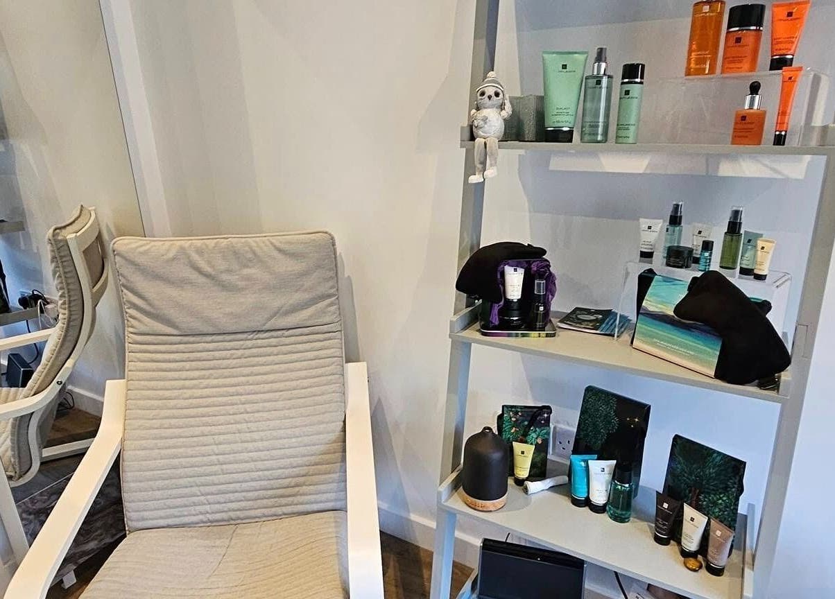 Relaxing corner with products at The Reflex Clinic, Newton Aycliffe, England, GB.