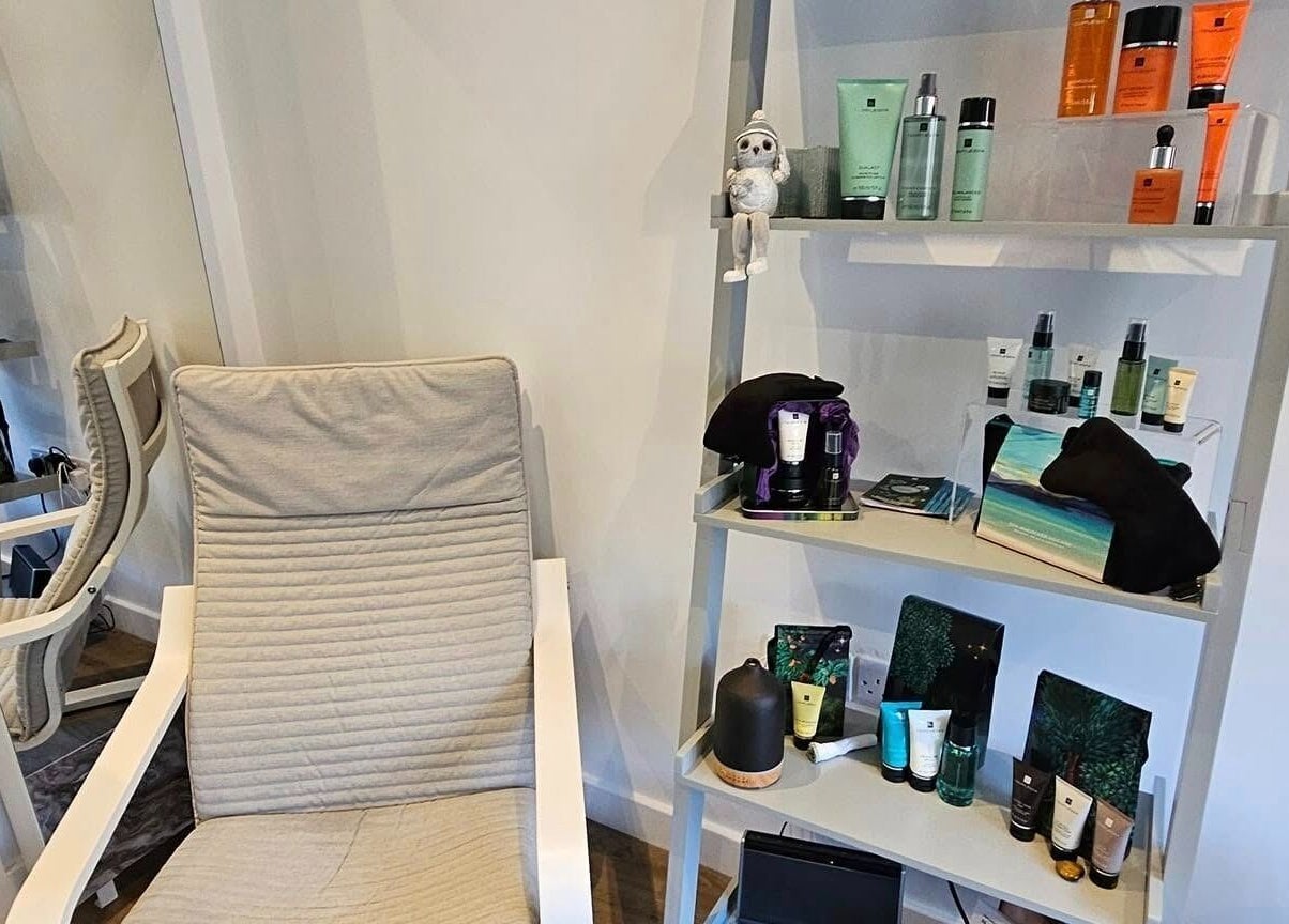 Relaxing corner with products at The Reflex Clinic, Newton Aycliffe, England, GB.