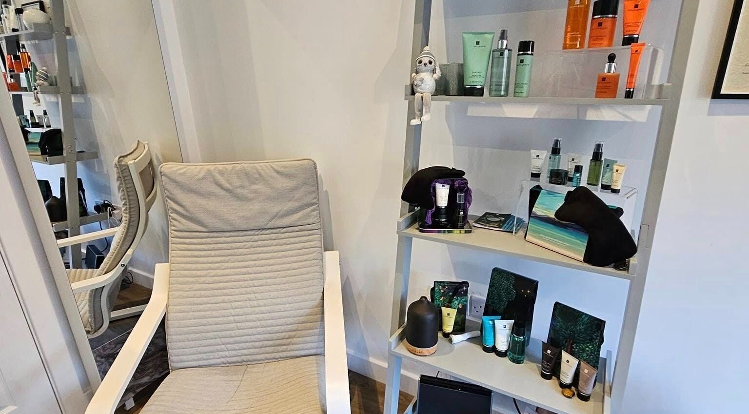 Relaxing corner with products at The Reflex Clinic, Newton Aycliffe, England, GB.