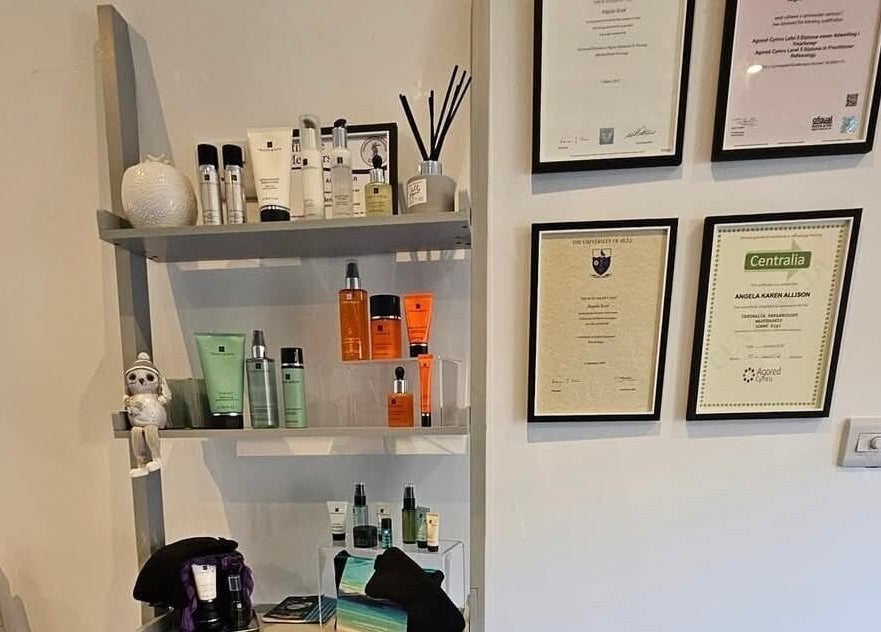 Beauty products and certificates displayed at The Reflex Clinic, Newton Aycliffe, England, GB.