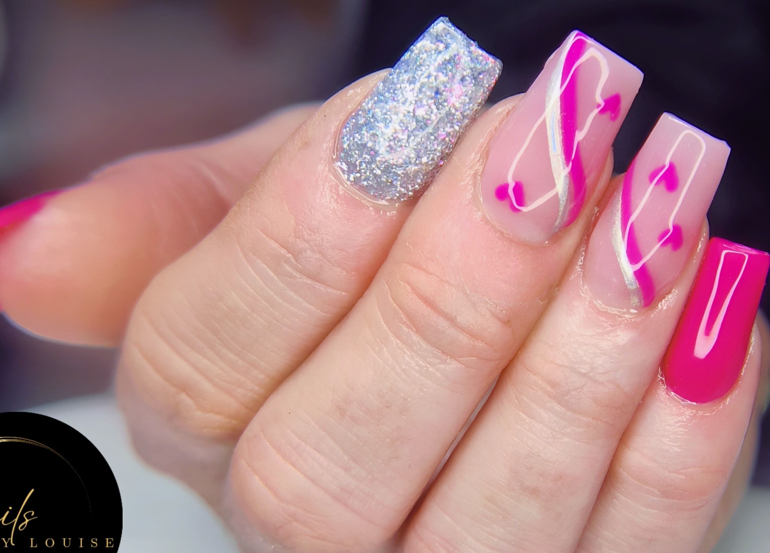 Stylish pink and glitter nails by Nails by Louise, Barnsley, England, GB.