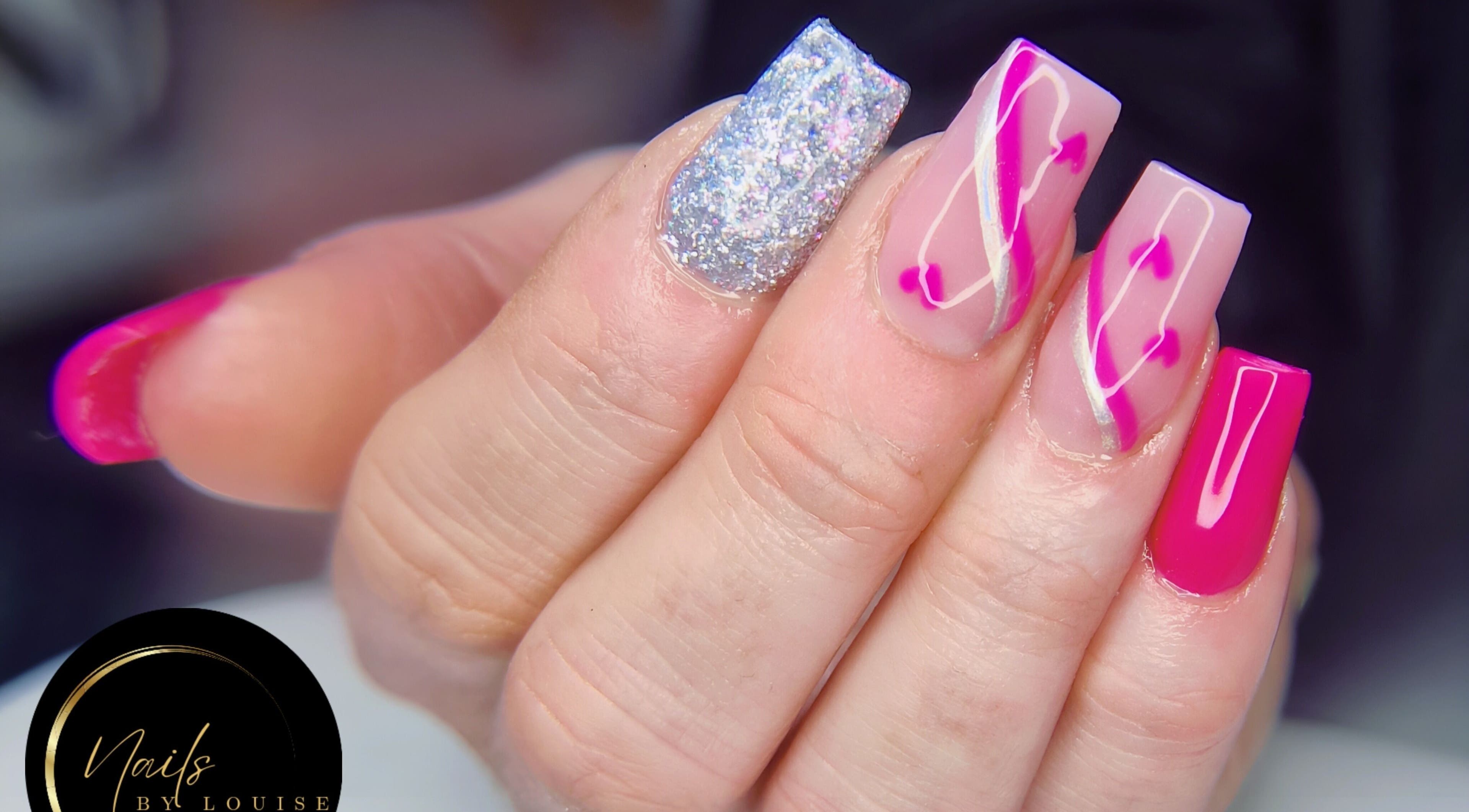 Stylish pink and glitter nails by Nails by Louise, Barnsley, England, GB.