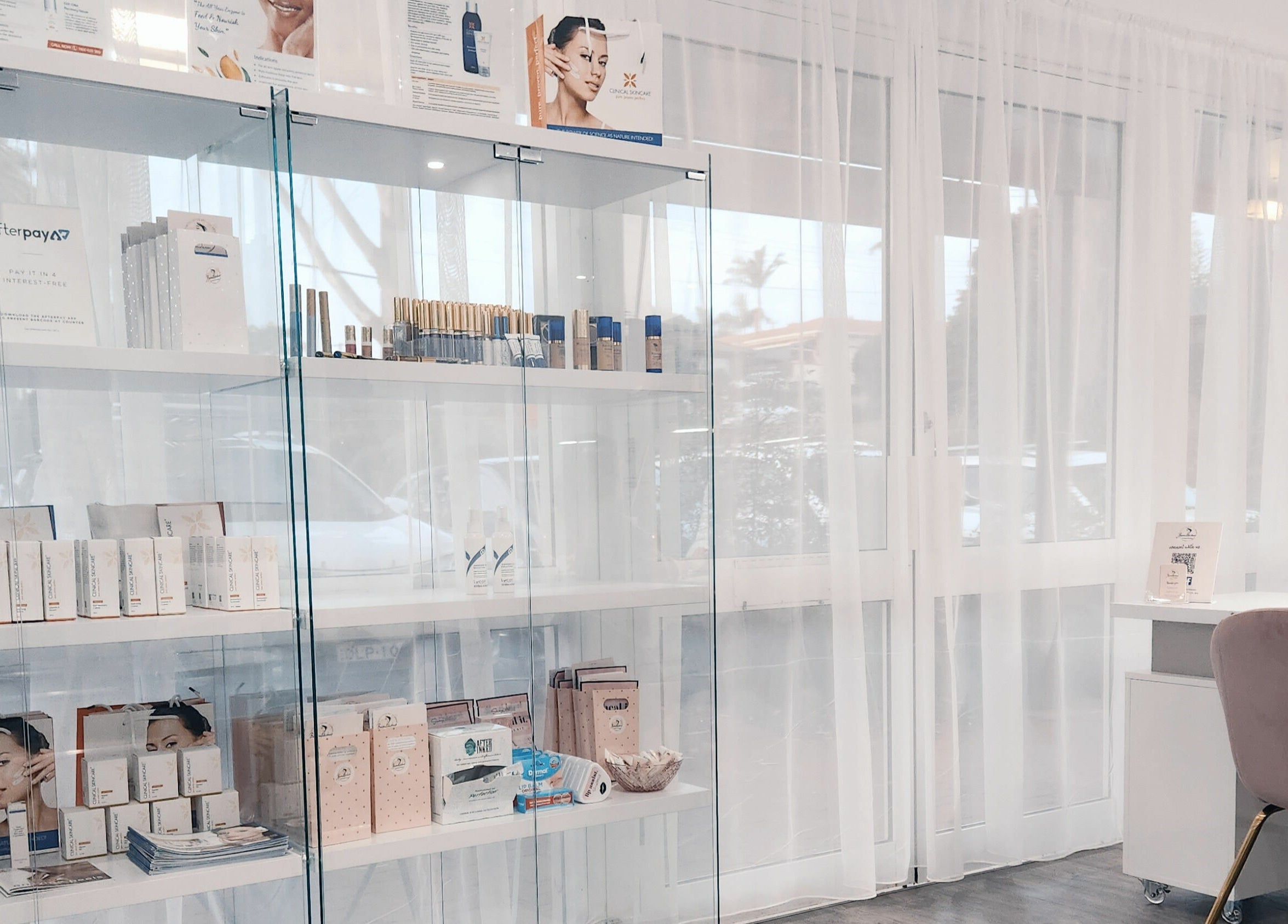 Beauty Studio 2 Triple 4's elegant product display in Port Macquarie, New South Wales, AU with skincare items.