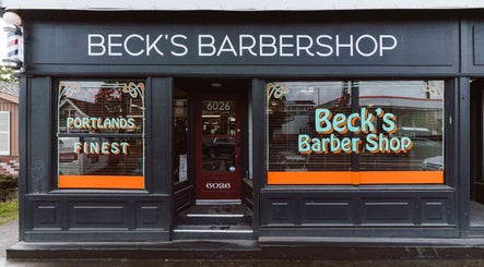 Front view of Beck's Barbershop in Portland, Oregon, US showcasing its classic exterior design.