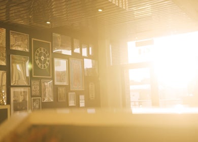 Art-filled walls bask in golden sunlight at Head Honcho's Barbershop/Salon, Newton Abbot, England, GB.