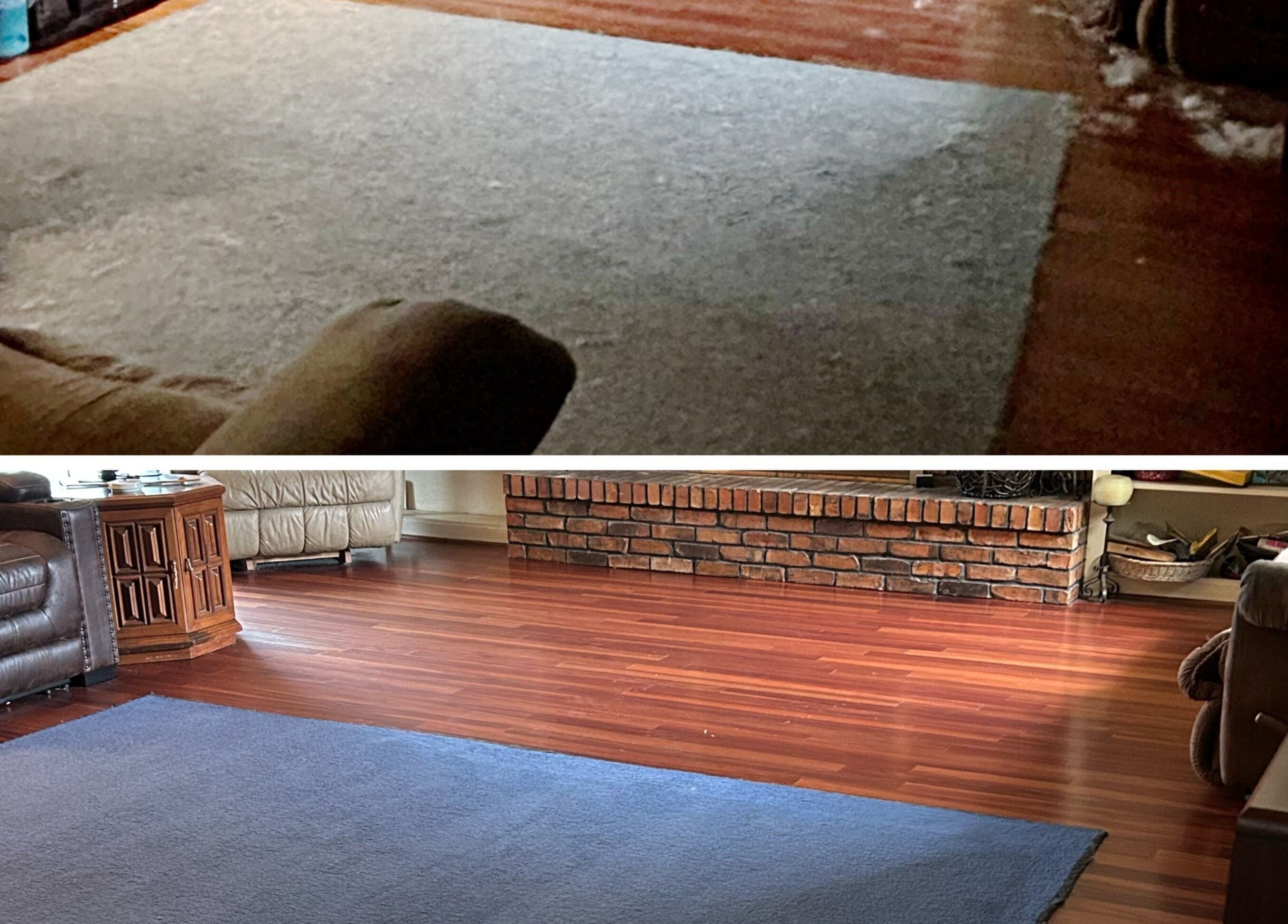 Before and after hardwood floor cleaning by Southern Charm the Cleaning Co in Gilmer, Texas, US.