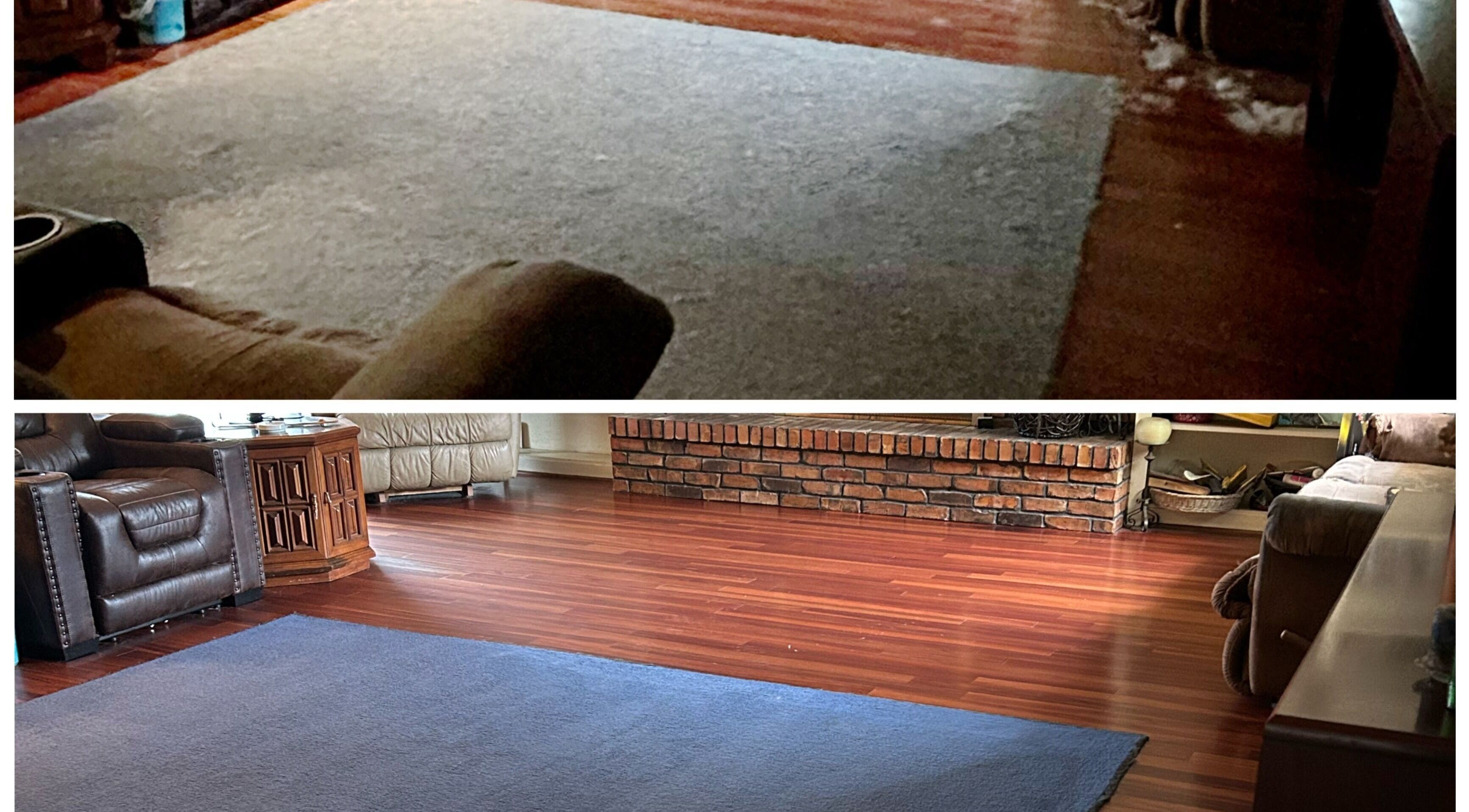 Before and after hardwood floor cleaning by Southern Charm the Cleaning Co in Gilmer, Texas, US.