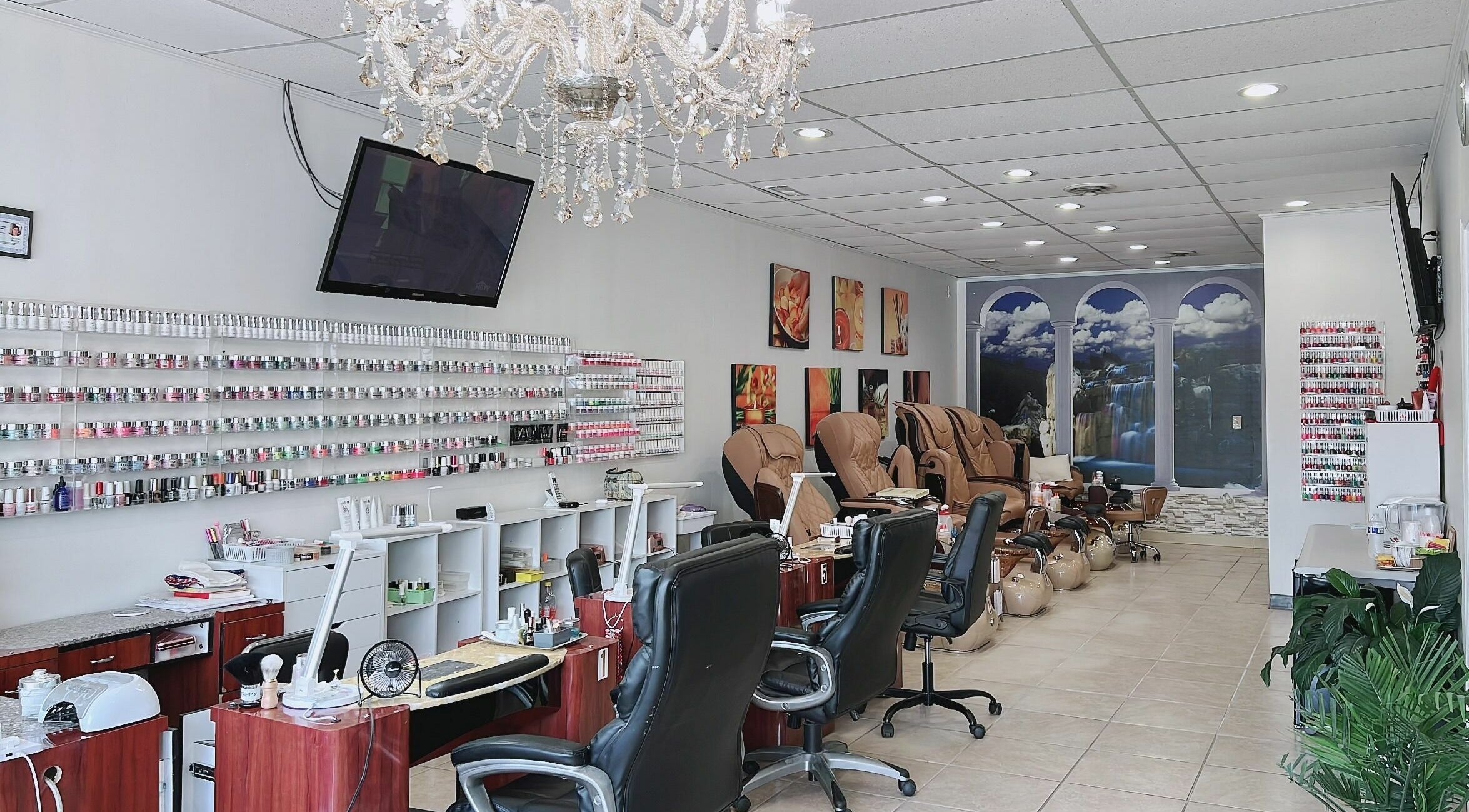 Elegant interior of MJ Salon Hair and Nails in Greenville, South Carolina, US, featuring luxurious seating.