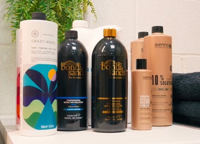Tanning products at Golden Tanning Studio, Wadebridge, England, GB.