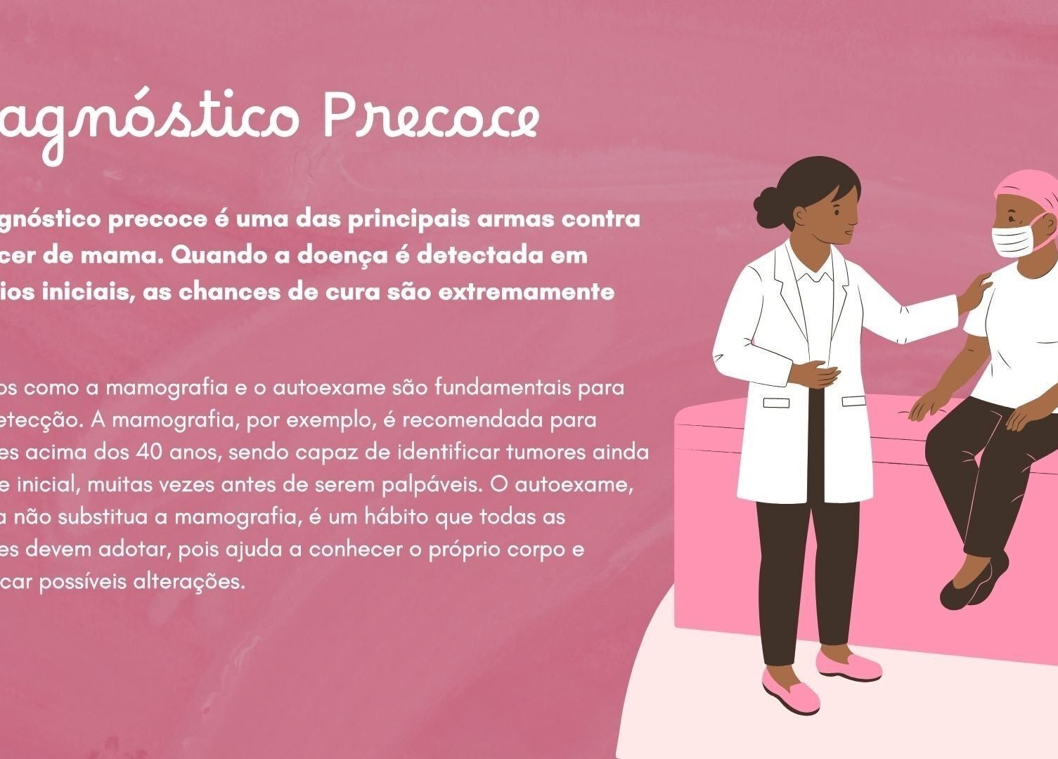Ilustração de diagnóstico precoce no Studio A, Rio Grande Do Sul, BR, destacando o autoexame e mamografia.
