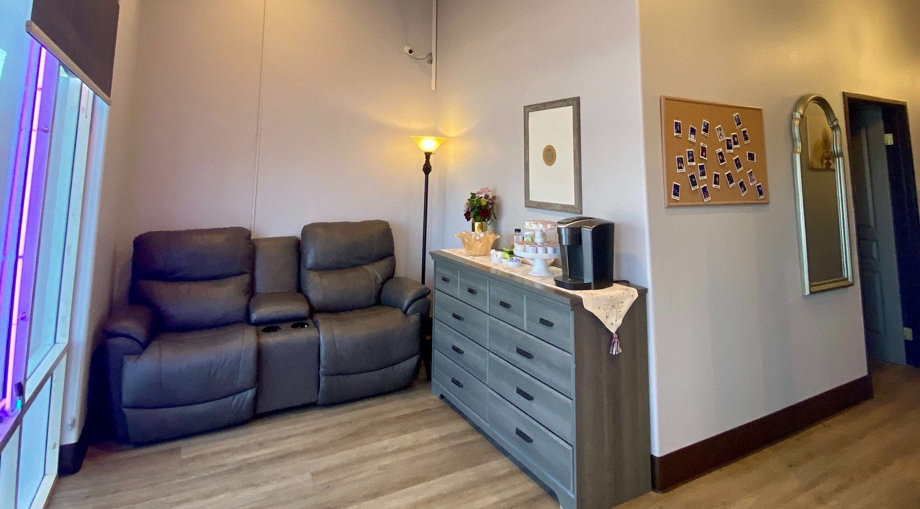 Inviting lounge area with leather sofa at Lavish Thai Massage & Spa, Las Vegas, Nevada, US.