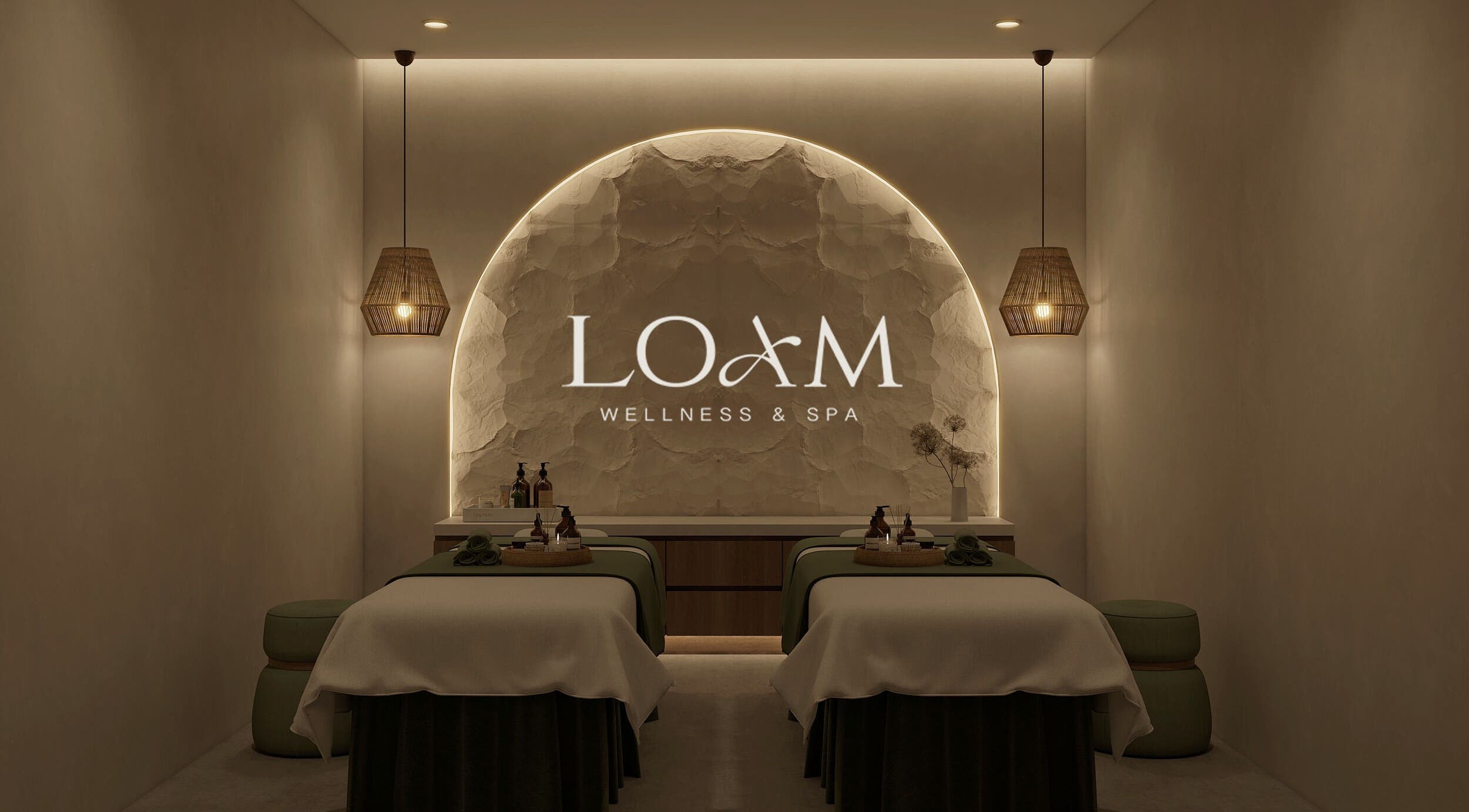 Relaxing spa room at LOAM Wellness & Spa in Las Vegas, Nevada, US, featuring massage tables and ambient lighting.