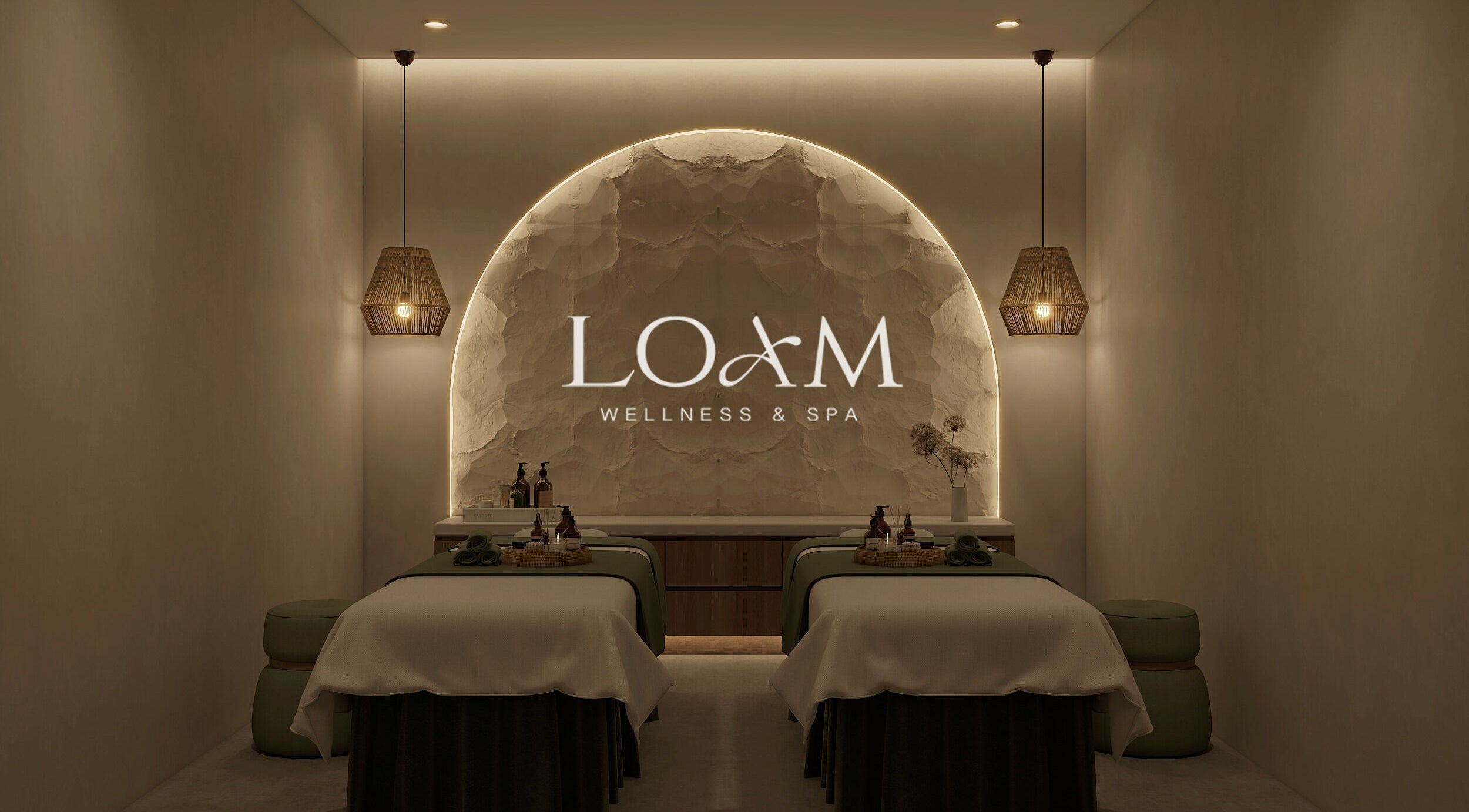 Relaxing spa room at LOAM Wellness & Spa in Las Vegas, Nevada, US, featuring massage tables and ambient lighting.
