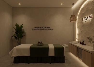 Peaceful spa room with a massage bed at LOAM Wellness & Spa, Las Vegas, Nevada, US.