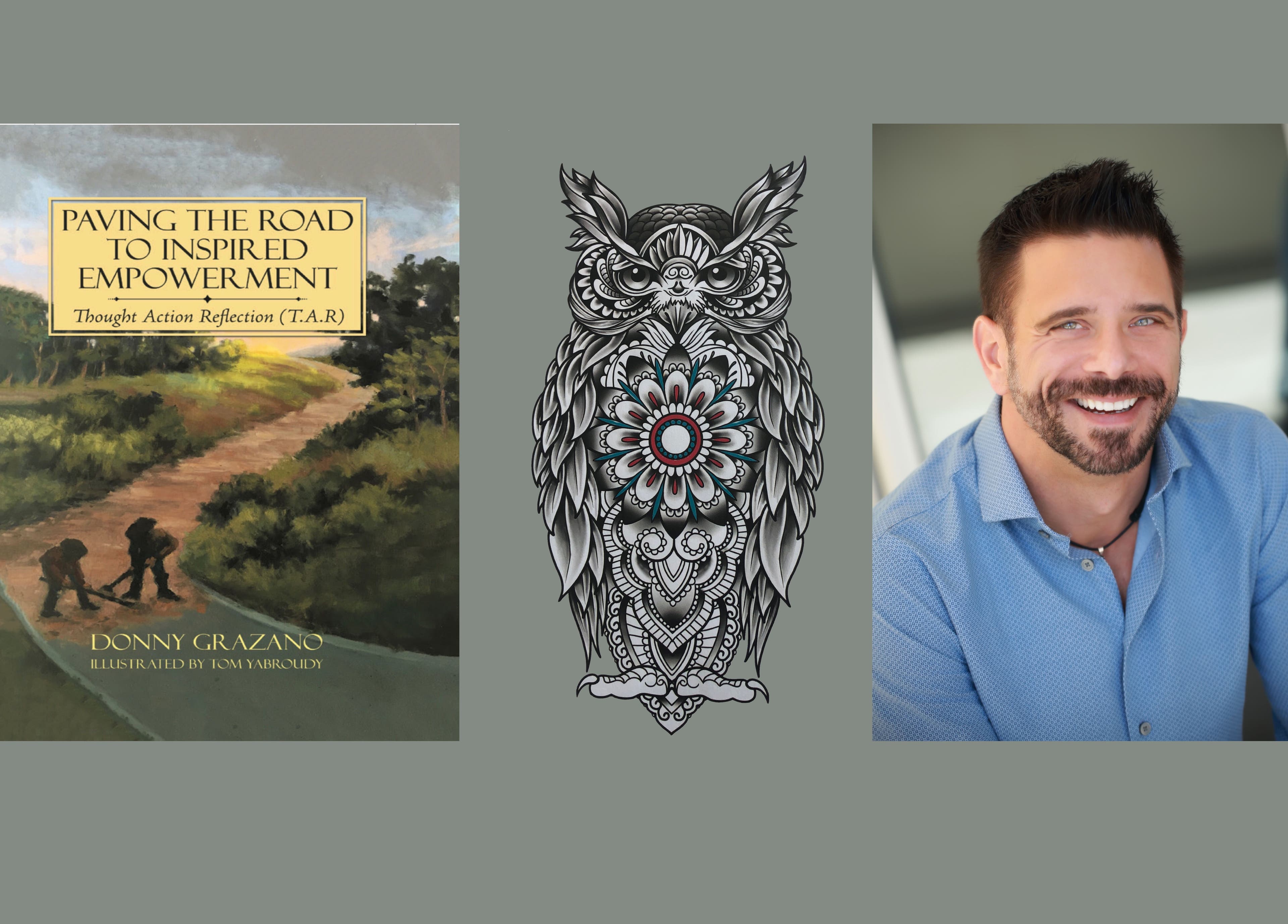 Owl artwork alongside book and smiling man represents Donny Grazano at New Orleans, Louisiana, US.
