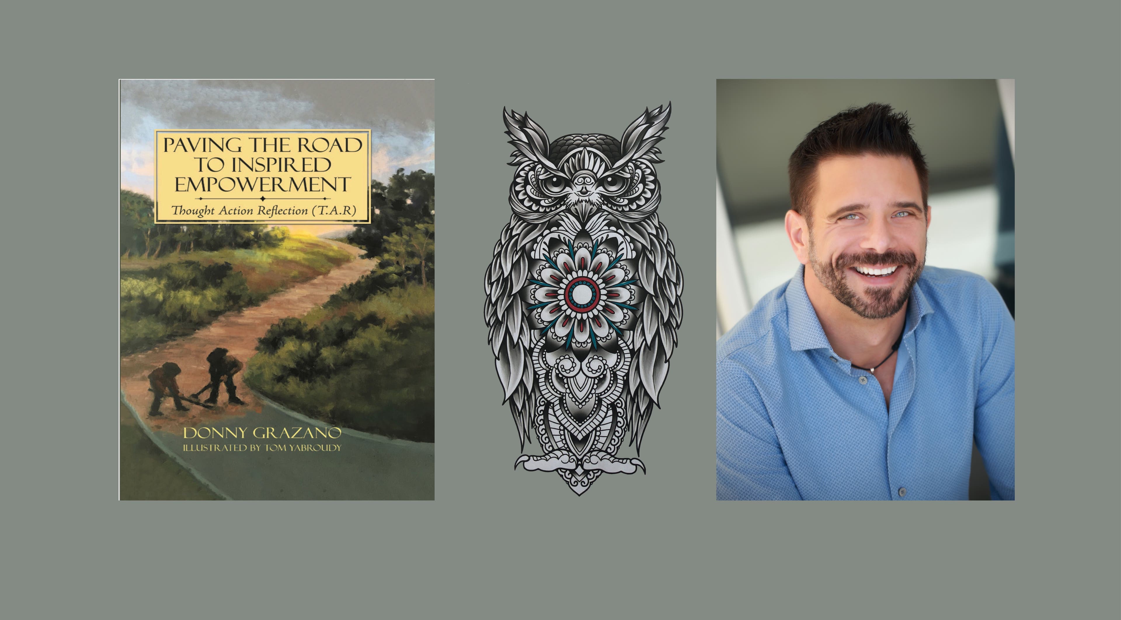 Owl artwork alongside book and smiling man represents Donny Grazano at New Orleans, Louisiana, US.