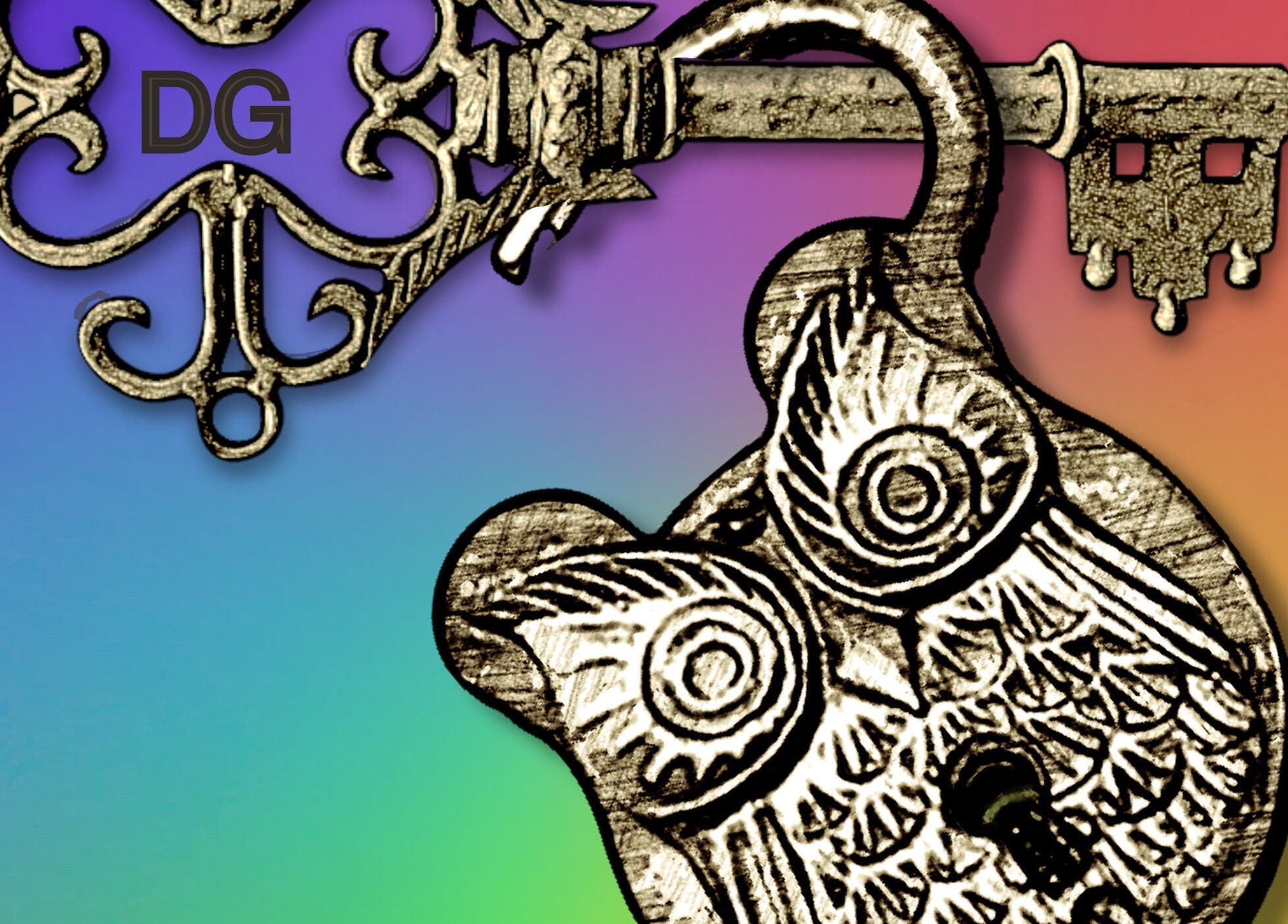 Antique owl lock and ornate key from Donny Grazano, New Orleans, Louisiana, US on gradient background.