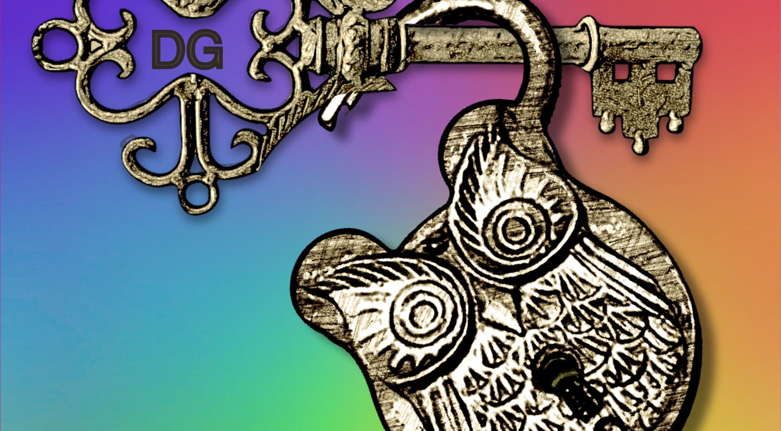 Antique owl lock and ornate key from Donny Grazano, New Orleans, Louisiana, US on gradient background.