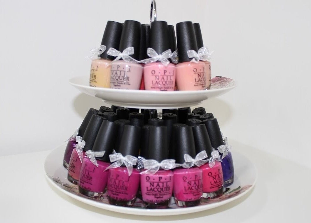 Nail polish bottles elegantly displayed at Angeline Nails & Beauty Worcester Park, Worcester Park, England, GB.