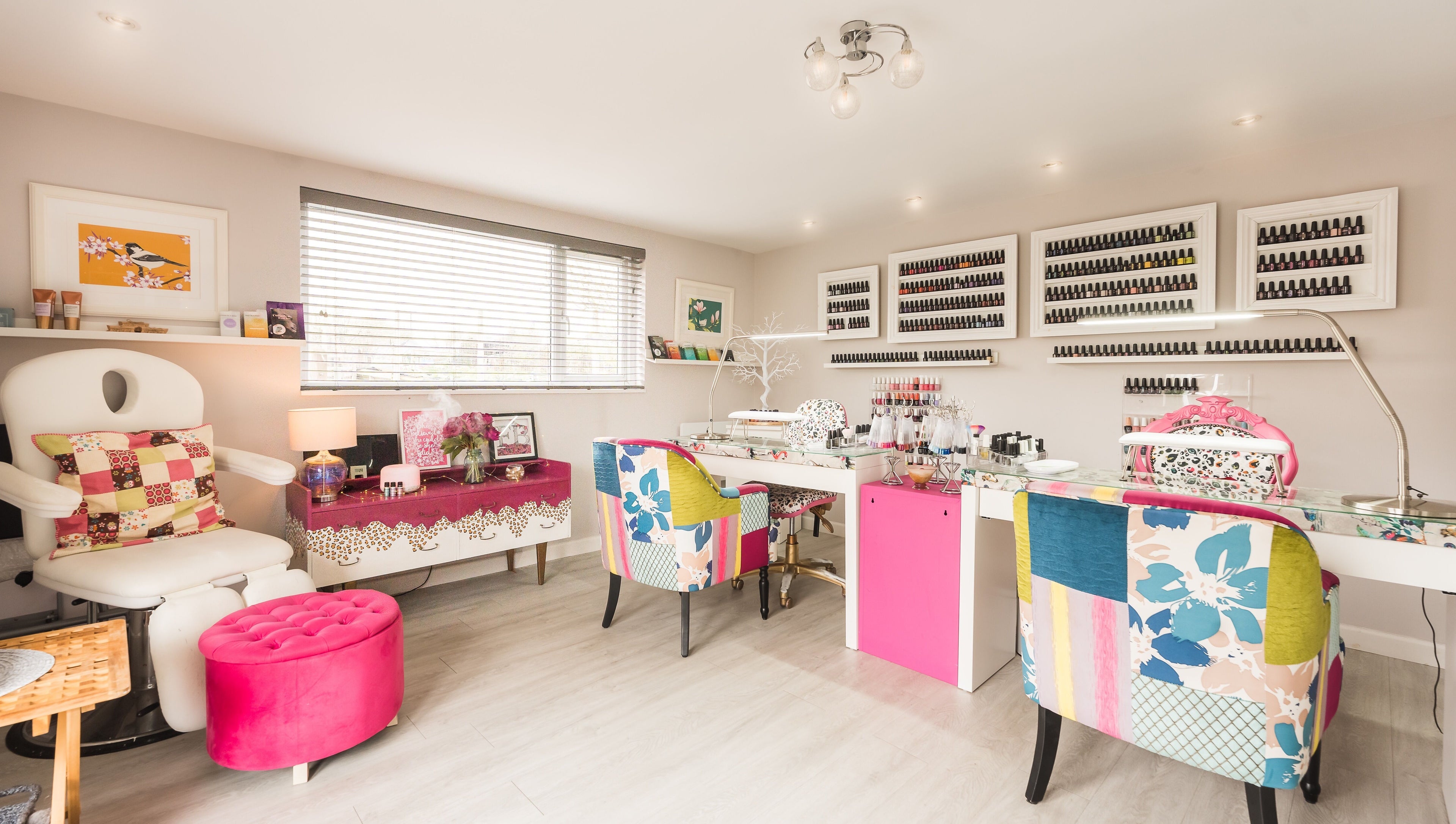 Bright, colorful interior of Fuchsia Beauty salon in Bristol, England, GB showcasing modern, vibrant decor.
