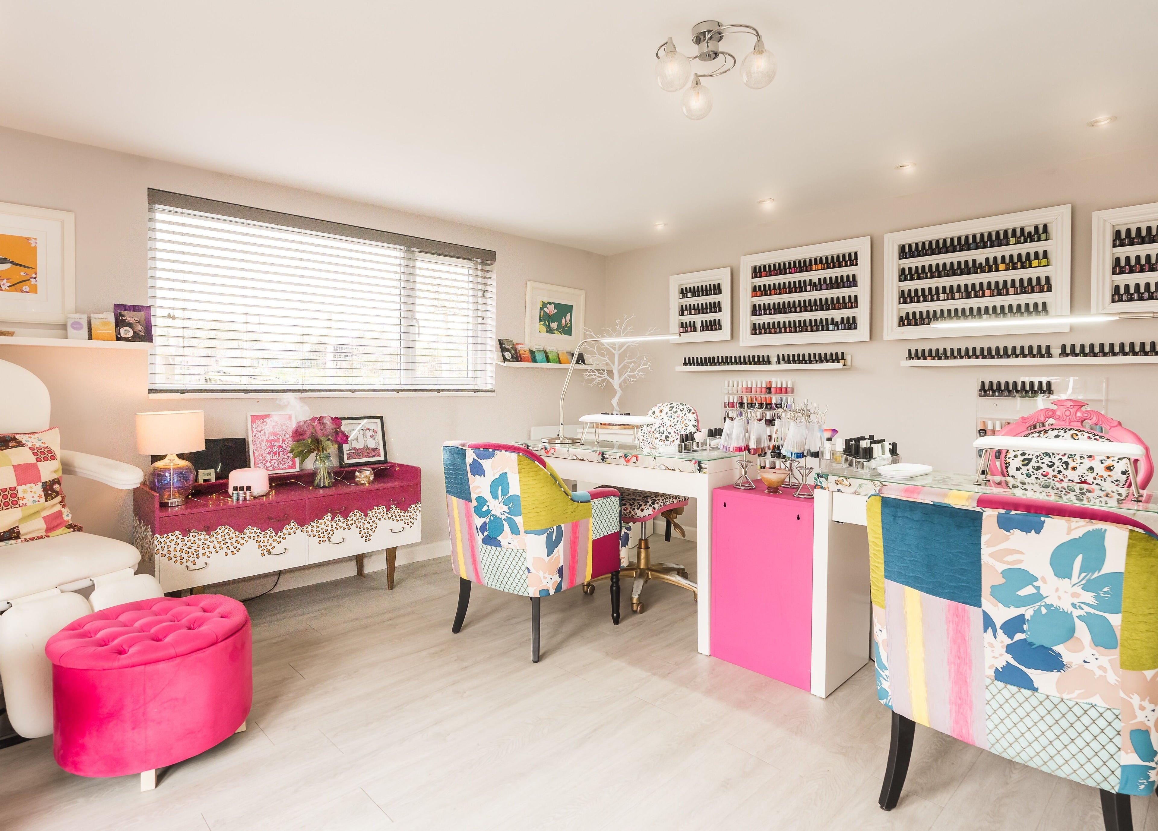 Bright, colorful interior of Fuchsia Beauty salon in Bristol, England, GB showcasing modern, vibrant decor.