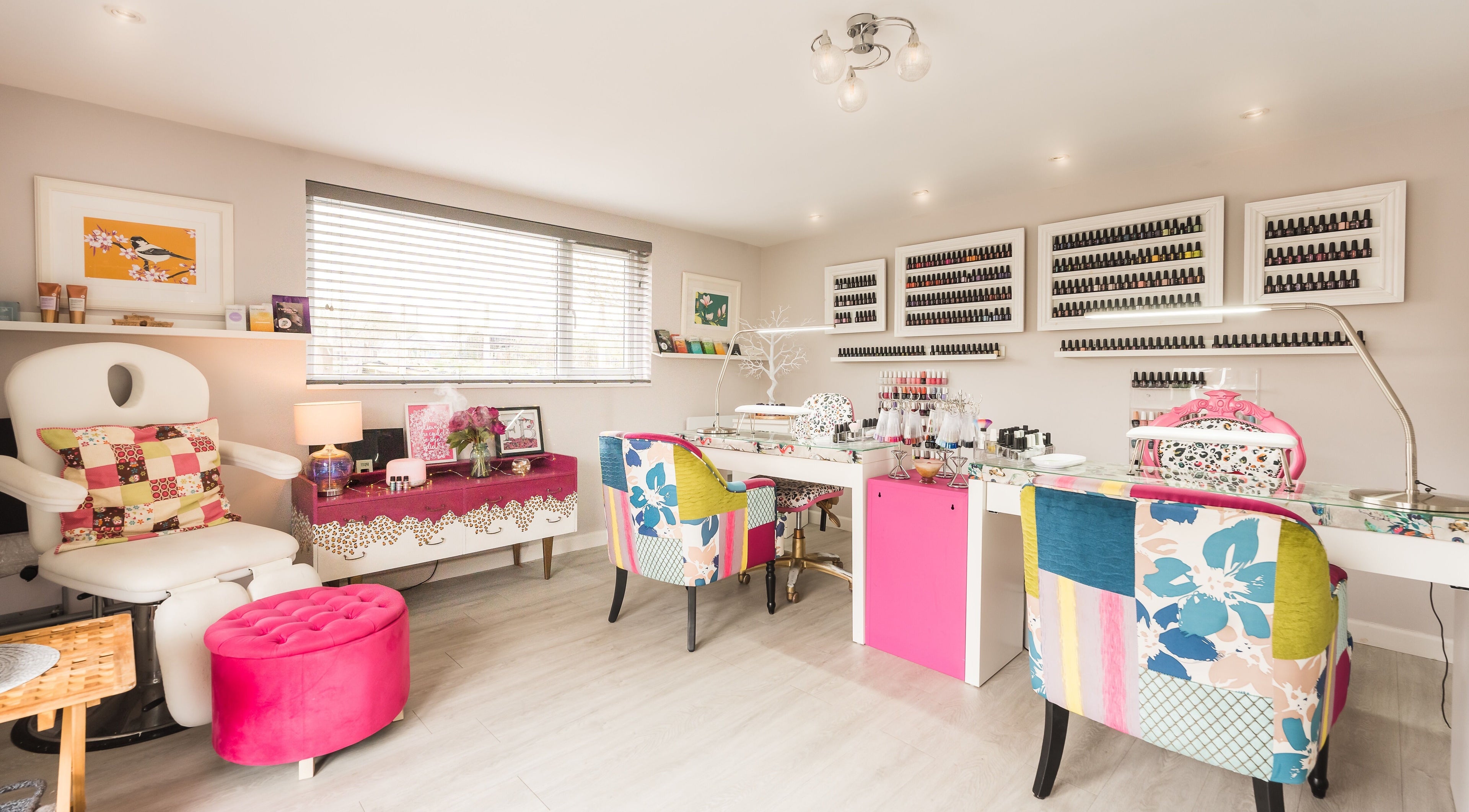 Bright, colorful interior of Fuchsia Beauty salon in Bristol, England, GB showcasing modern, vibrant decor.