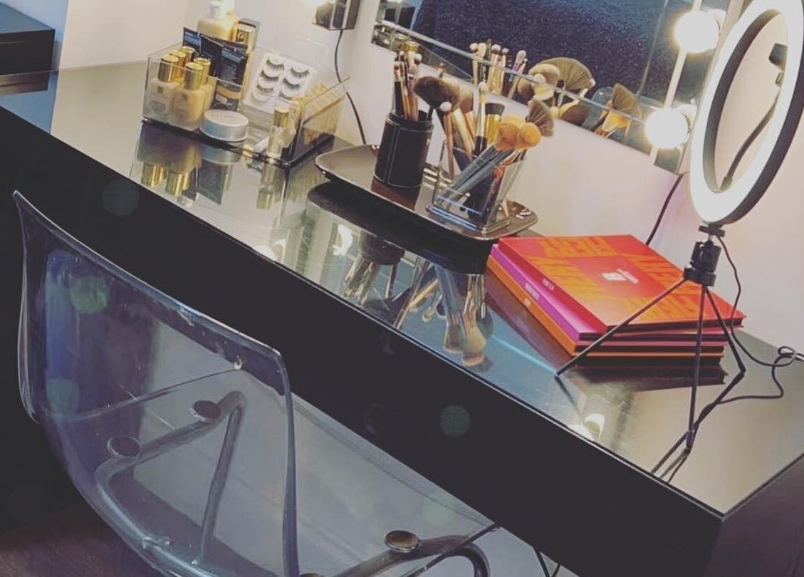 Makeup station at Haven Hair Beauty & Aesthetics in Coventry, England, GB beautifully arranged with brushes and products.