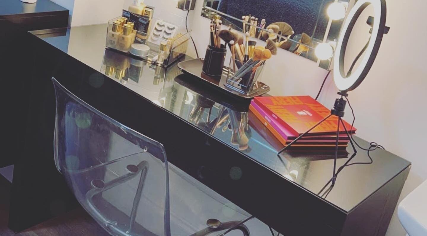 Makeup station at Haven Hair Beauty & Aesthetics in Coventry, England, GB beautifully arranged with brushes and products.