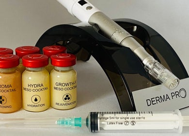 Meso cocktail vials with Derma Pro pen at Pure Face Works at Utopia Hair Salon & Facial Clinic, Sidmouth, England, GB.