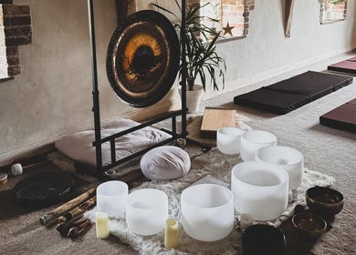 Serene meditation space at Mrs Peony, Shepshed, England, GB showcasing sound bowls and mats.